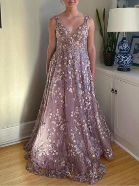 Mac Duggal Lavender Floral Embroidered A-Line Gown